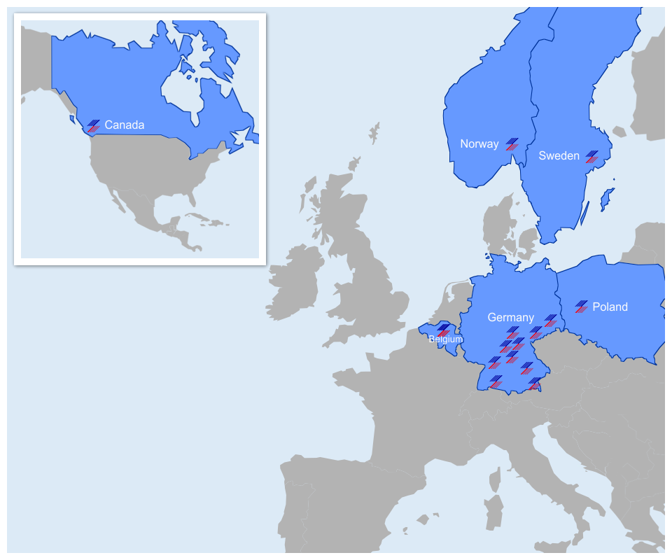 Referenzen Elektro Büttner in Kanada, Schweden, Belgien, Norwegen, Polen und Deutschland