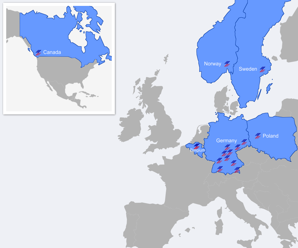 Referenzen Elektro Büttner in Kanada, Schweden, Belgien, Norwegen, Polen und Deutschland